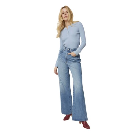 AMO Frida Flare Jeans Denim Womens 29 High Rise Wide Leg Back to Life Distressed - Picture 12 of 12